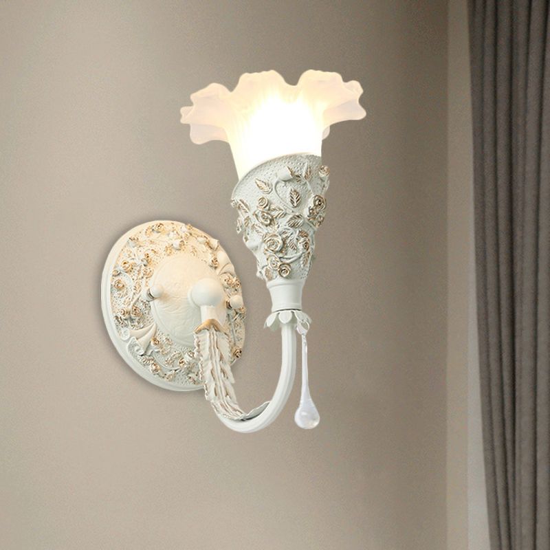 Blossom Bedroom Sconce Light Farmhouse Frosted Glass 1-Bulb Silver/Ivory Curved Arm Wall Mount Lamp with Crystal Drop Decor
