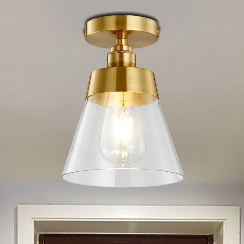 Cone Clear Glass Ceiling Flush Mount Industrial 1 Light Brass Finish Semi Flush Pendant Light for Balcony