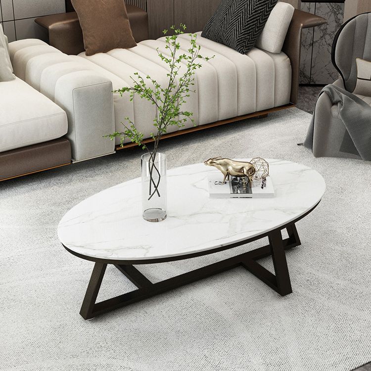 17.7" Tall Iron Cross Legs Cocktail Table Oval Slate Top Coffee Table