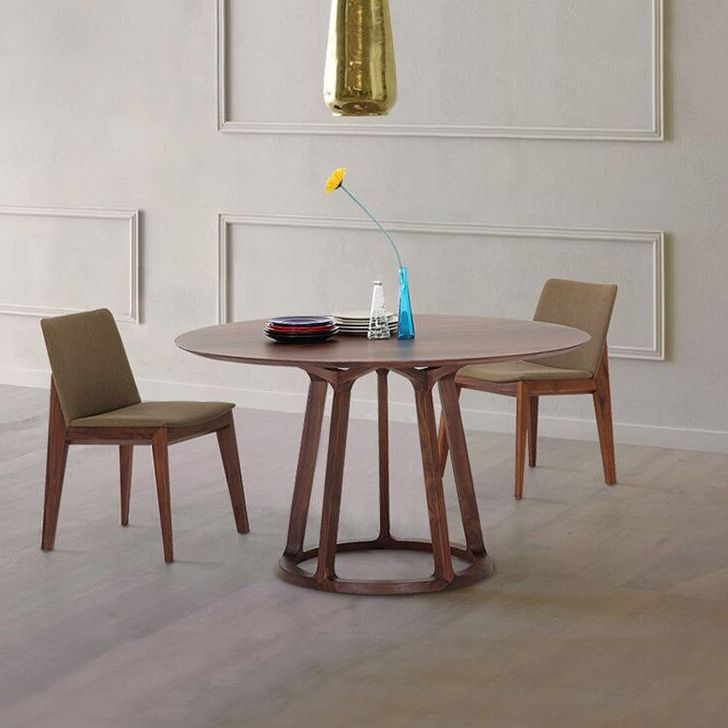 Round Pedestal Casual Dining Table Wood Color Fixed Table with Solid Wood