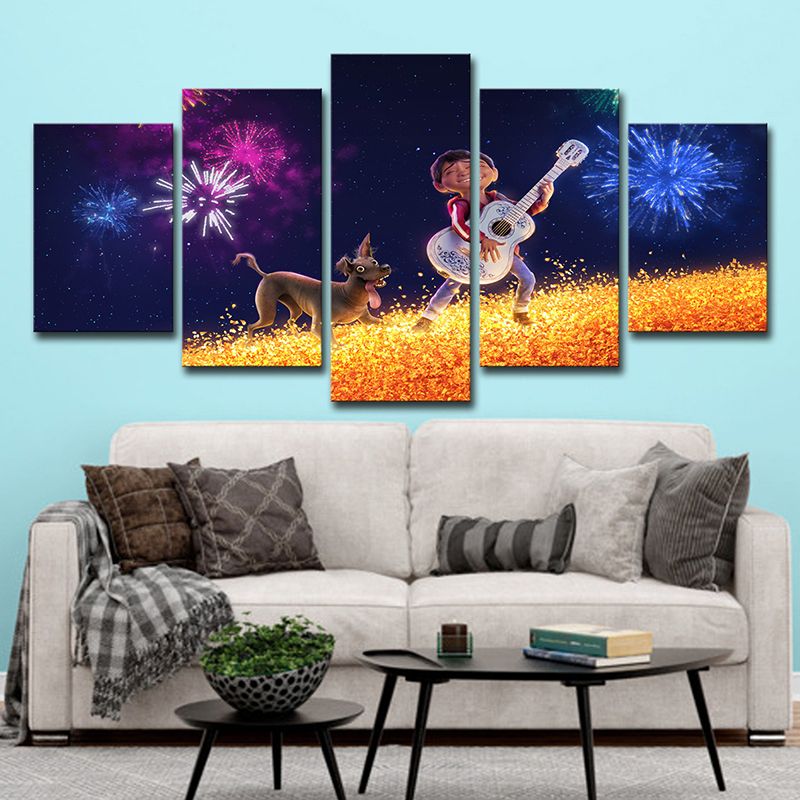 Kids Style Coco Character Canvas Black Boys Guitar Show with His Dog Wall Art