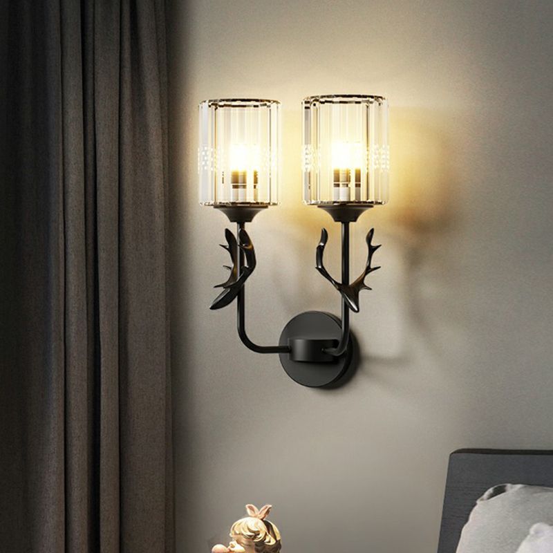 Cylinder Wall Mount Light Nordic Crystal Prism Wall Sconce with Antler Decoration