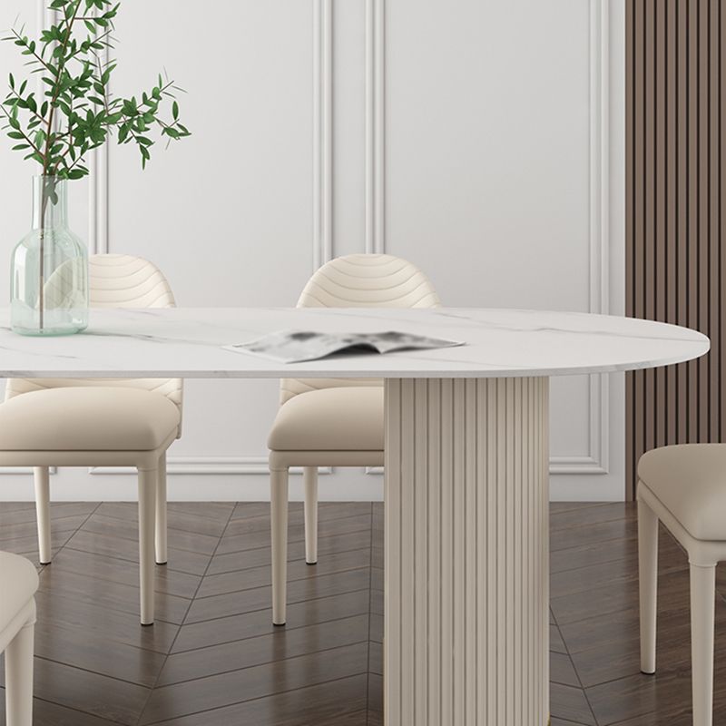 Oval Sintered Stone White Tone Dining Table Simplicity Double Pedestal Table for Dining Room