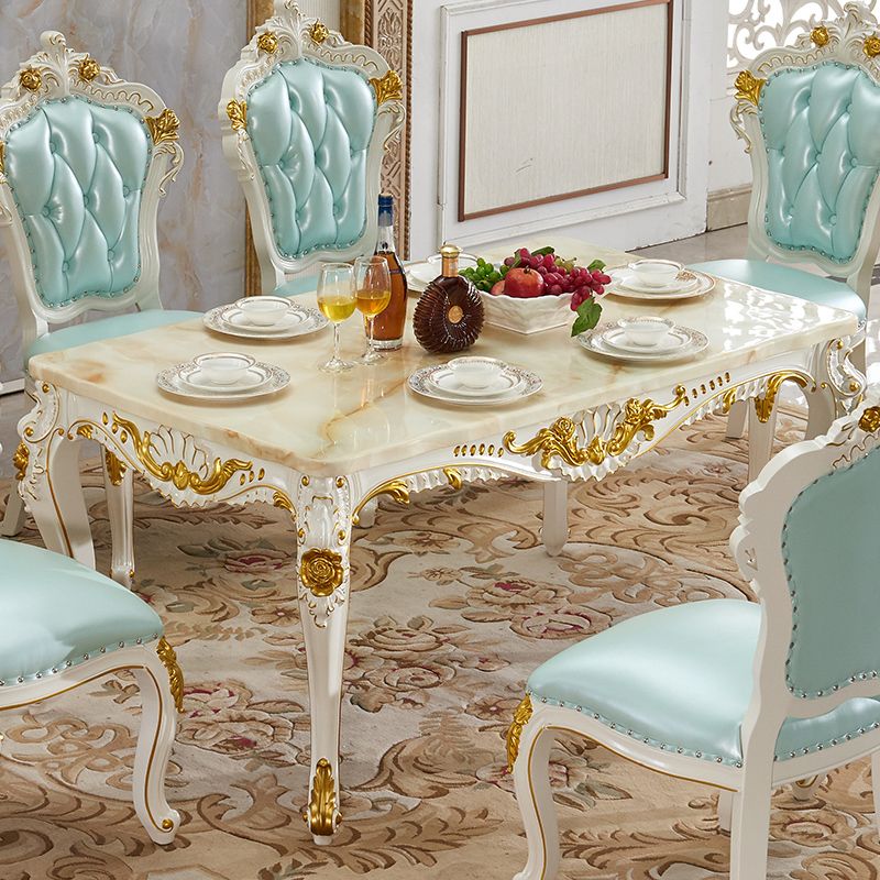 Victorian Style Marble Dining Set with Yellow Table and 4 White Legs Base for Home Use