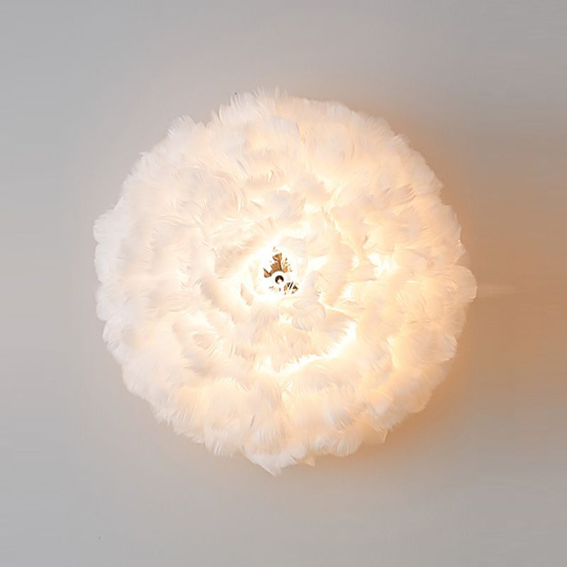 Modern Metal Wall Sconce Geometric Shape Wall Light with Feather Shade for Bedroom