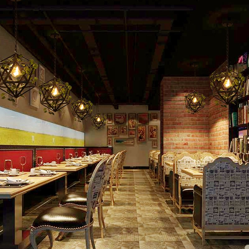 Iron Polyhedron Cage Pendant Light Antique Single Restaurant Plant Hanging Light Fixture in Black