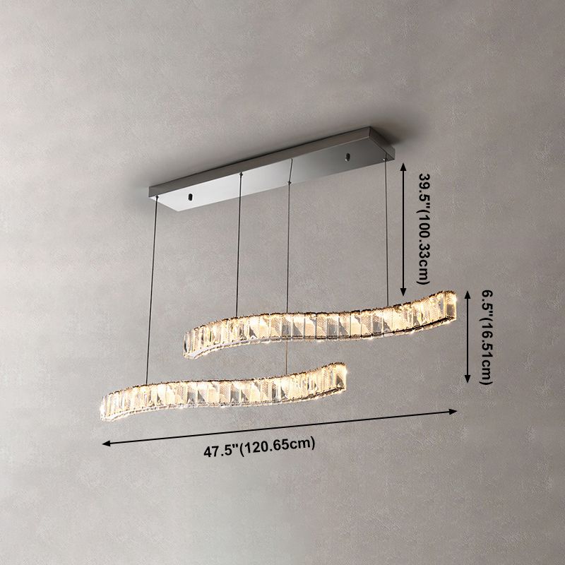 2 Light Linear Island Lights Modernism Crystal Island Light Fixtures in Silver Finish