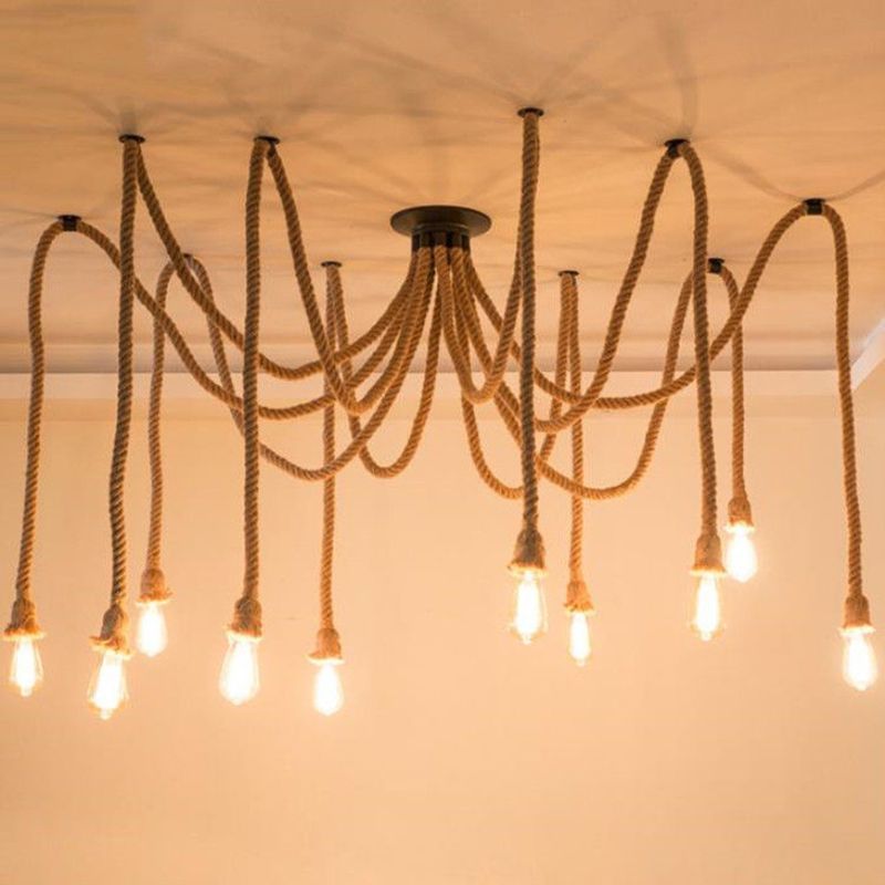 Hemp Rope Spider Suspension Light Rustic Restaurant Chandelier Lighting in Flaxen