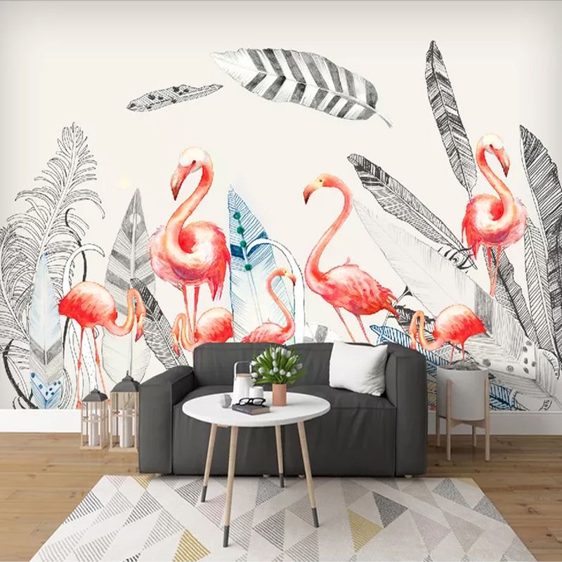 Waterproof Flamingo and Feather Mural Customized Elegant Wall Art for Accent Wall