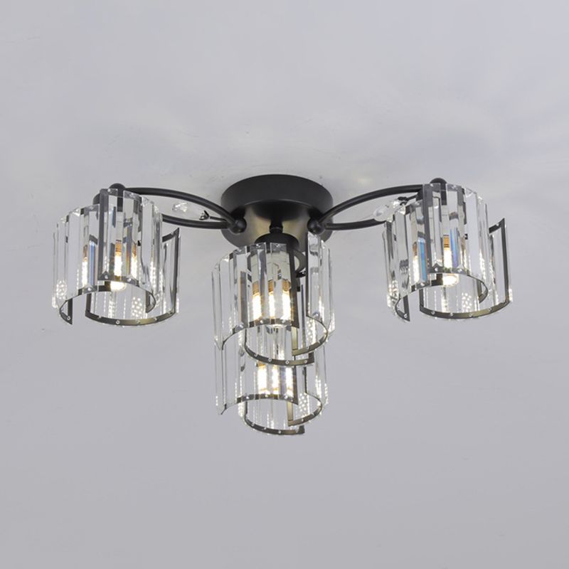Curved Panel Semi Flush Mount Modern Crystal Rectangle 4/6 Heads Dining Room Ceiling Lighting in Black
