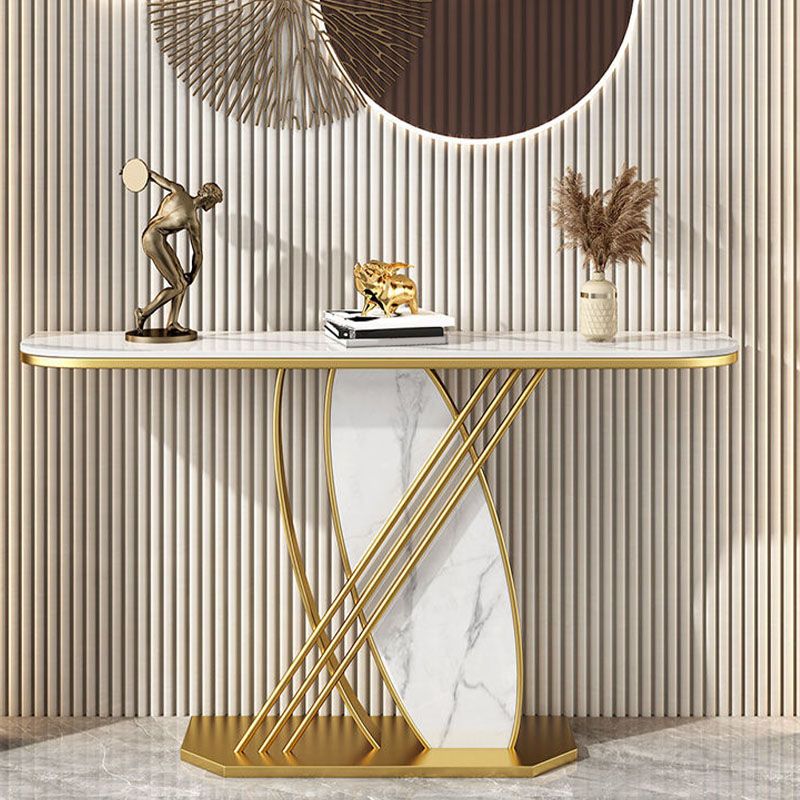 Glam Stone Iron Accent Table Half Moon Console Sofa Table for Hall