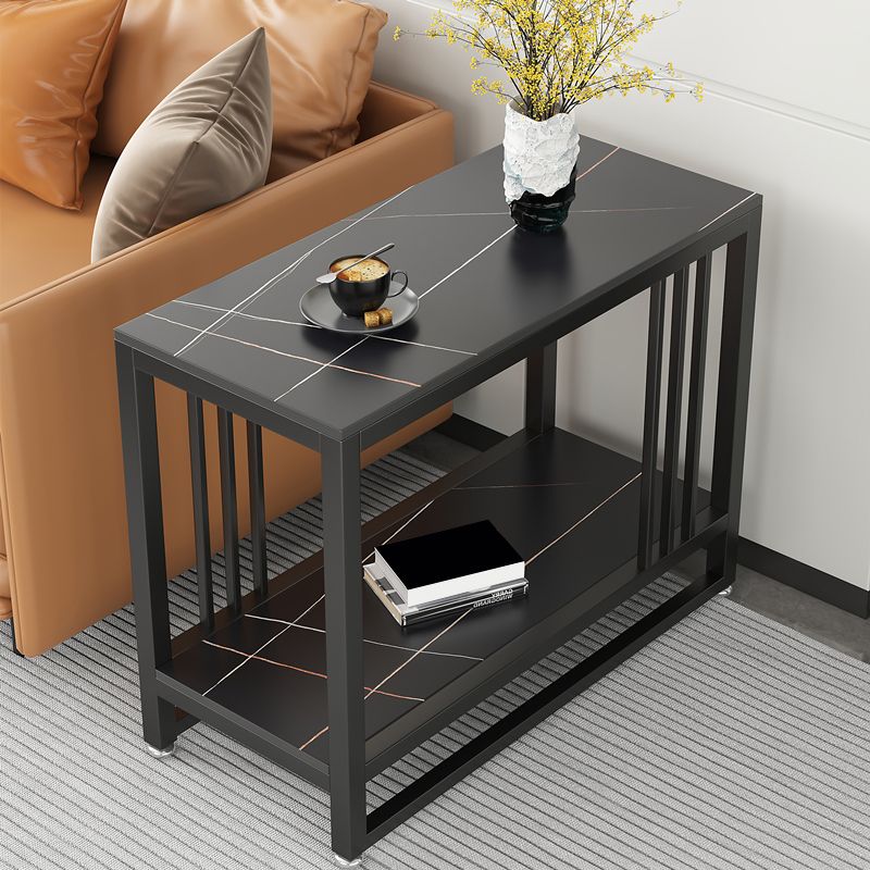 Metal Frame End Table 2-Tier Stone Top Accent Side Table with Shelf
