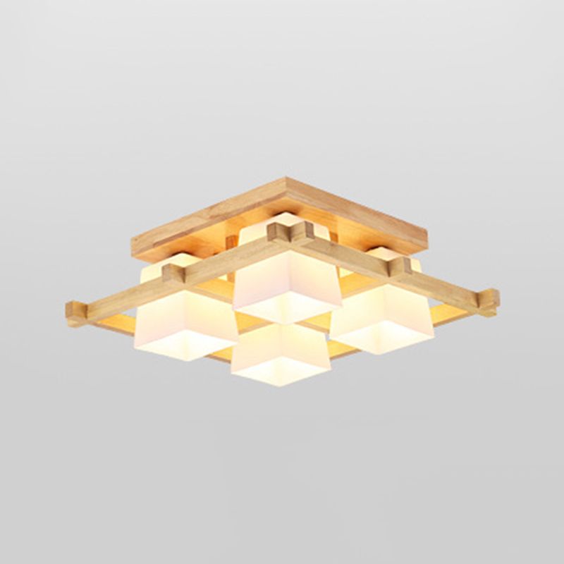 Geometrische Deckenleuchte in Holzfarbe im modernen, prägnanten Stil für den Innenbereich aus Holz mit Glasschirm