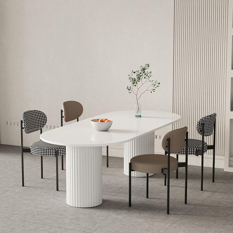 Stone Top Dining Table Modern Oval Dining Table in White with Double Pedestal