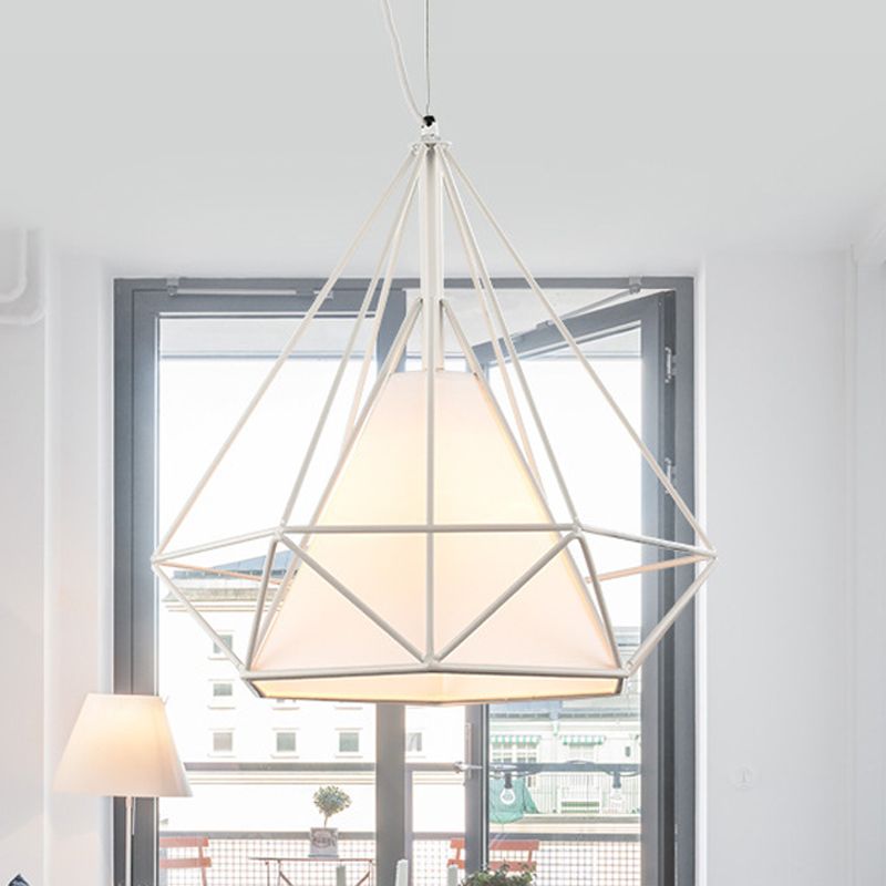 1 Head Wire Frame Hanging Pendant Light with Fabric Shade Loft White Metal Ceiling Lighting for Coffee Shop