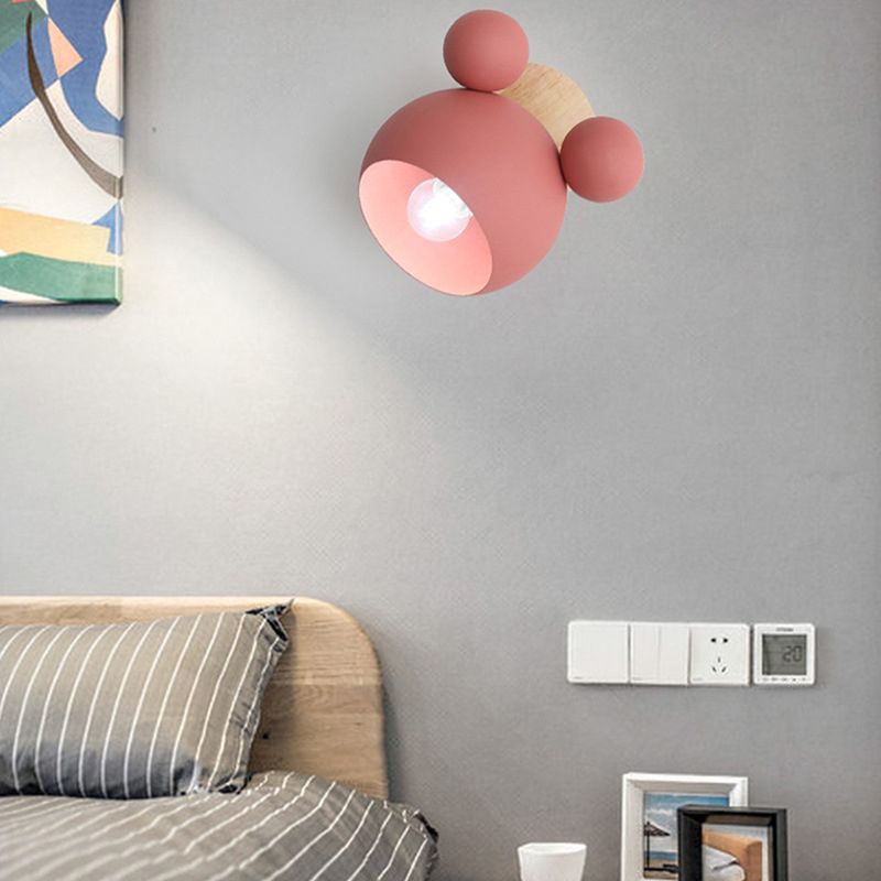 Modern Nordic Single Wall Light Wooden Globe Macaron Wall Lamp with Wrought Iron Shade