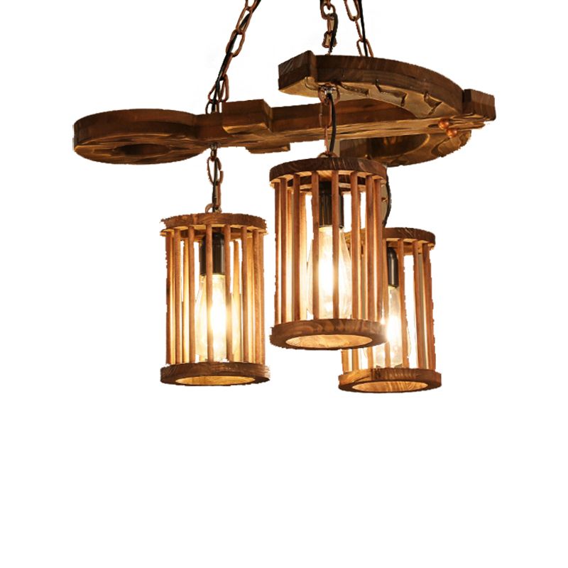 Cylinder Shade Wood Light Chandelier Industrial 3-Light Dining Dining Room Pendant Lighting with Chain