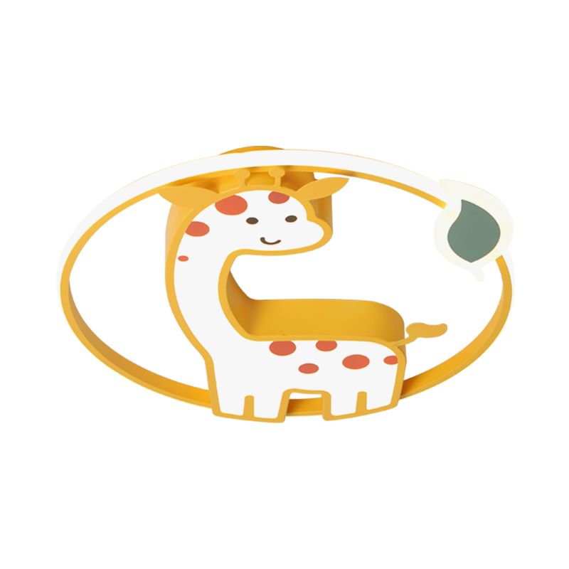 Acrylic Giraffe Flush Ceiling Light Cartoon Style Yellow Flushmount Fixture with Leaf Design in Warm/White Light