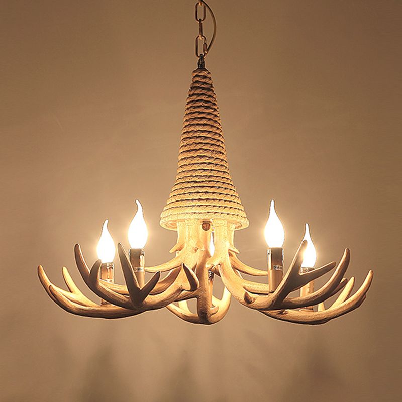 Beige Elk Shaped Chandelier Lamp Traditional Metal and Rope 3/5 Lights Living Room Hanging Light