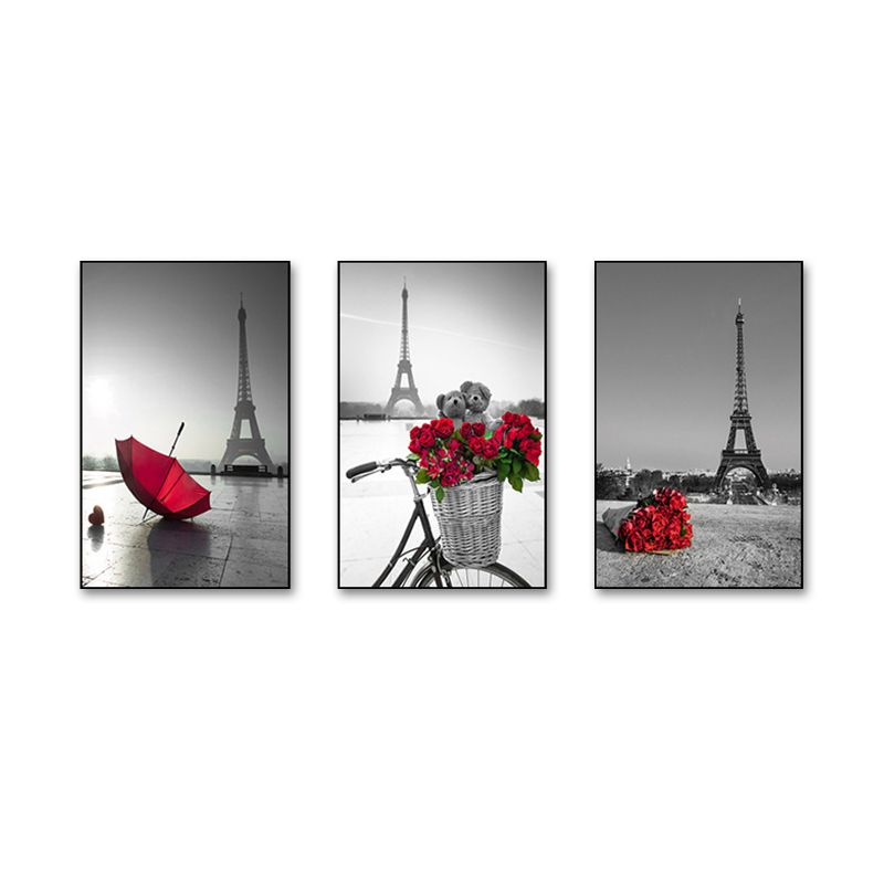 Eiffel Tower Wall Art Set Modernism Stylish Landmark Canvas Print in Grey and Red