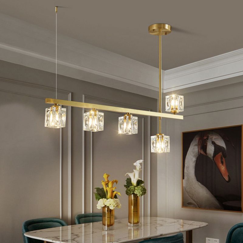 Linear Pendant Lighting Modern Island Lights Crystal Metal 4 Light Island Ceiling Light in Gold
