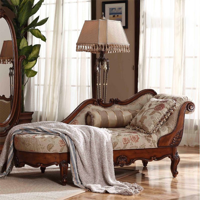 Traditional Floral Chaise Lounge Couch Bedroom Living Room Chaise with Rolled Arms