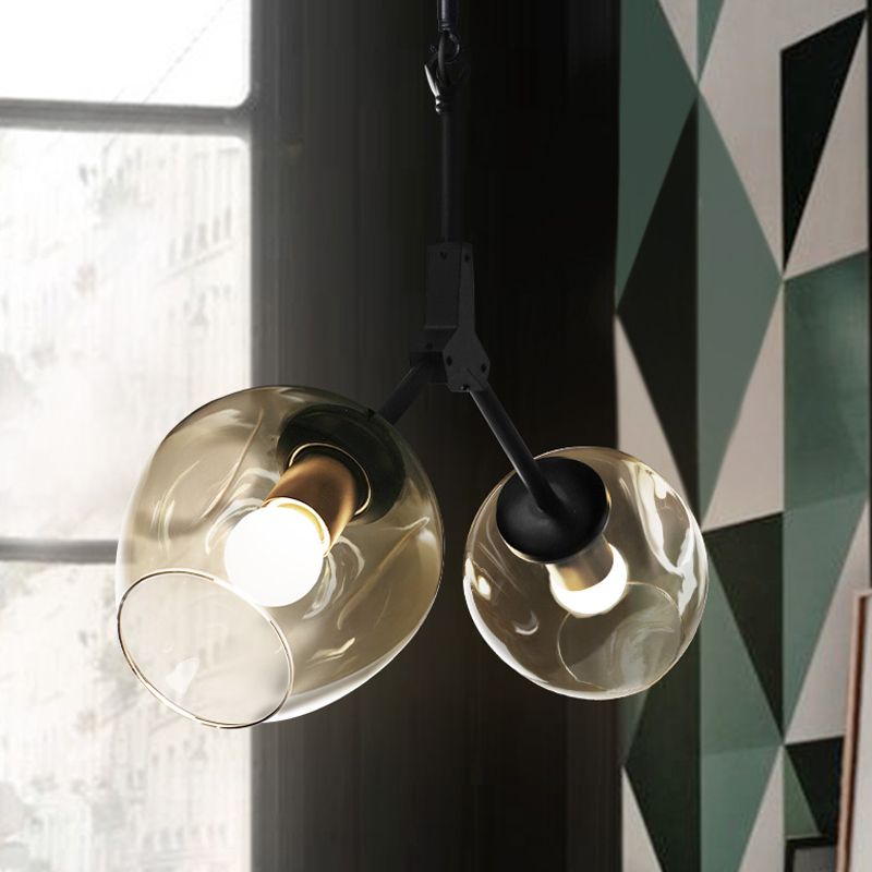 Lampadario biforcato nero/oro modernista 2 luci spazzate a sospensione in vetro a spirito aperto
