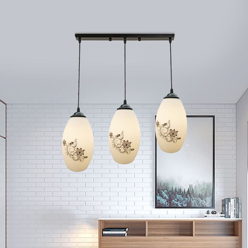 3 Lights Oval Multi-Pendant Modern Black Finish White Printed Glass Ceiling Hang Fixture with Round/Linear Canopy