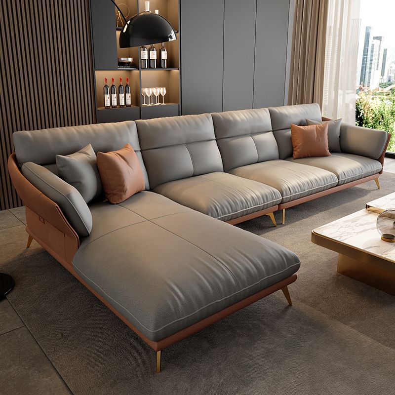 Light-grey Sewn Pillow Back Faux Leather Pillow Top Arm Sofa for Living Room