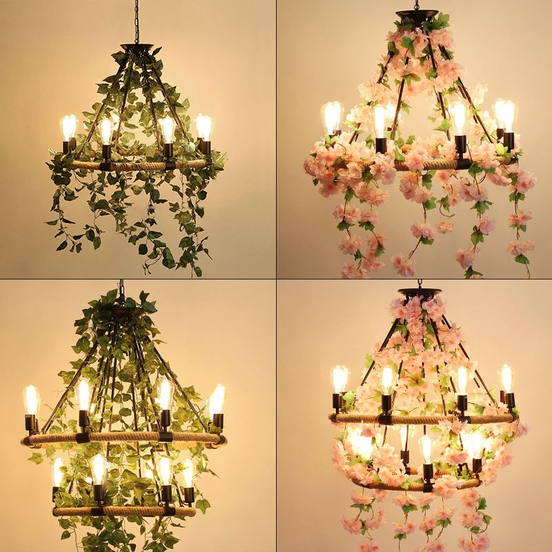 Wagon Wheel Dining Room Hanging Light Farmhouse Metal Chandelier with Plant Decoration
