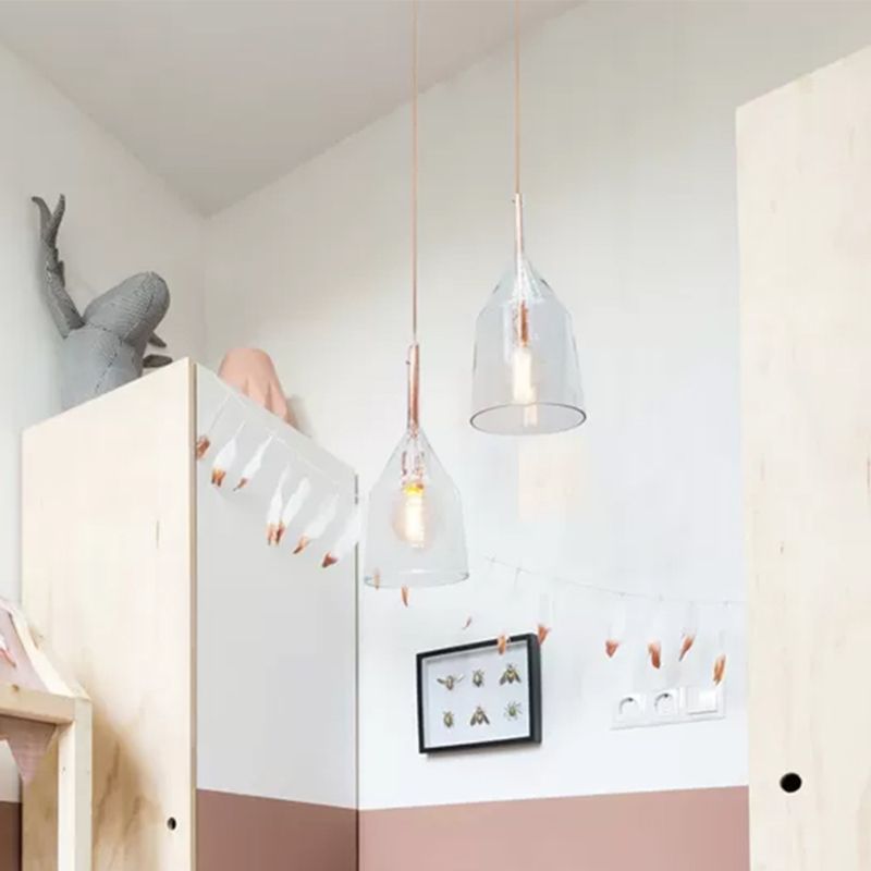 1 Head Kitchen Drop Pendant Simple Rose Gold Suspension Lamp with Bell Clear Glass Shade, 6"/7.5" Width