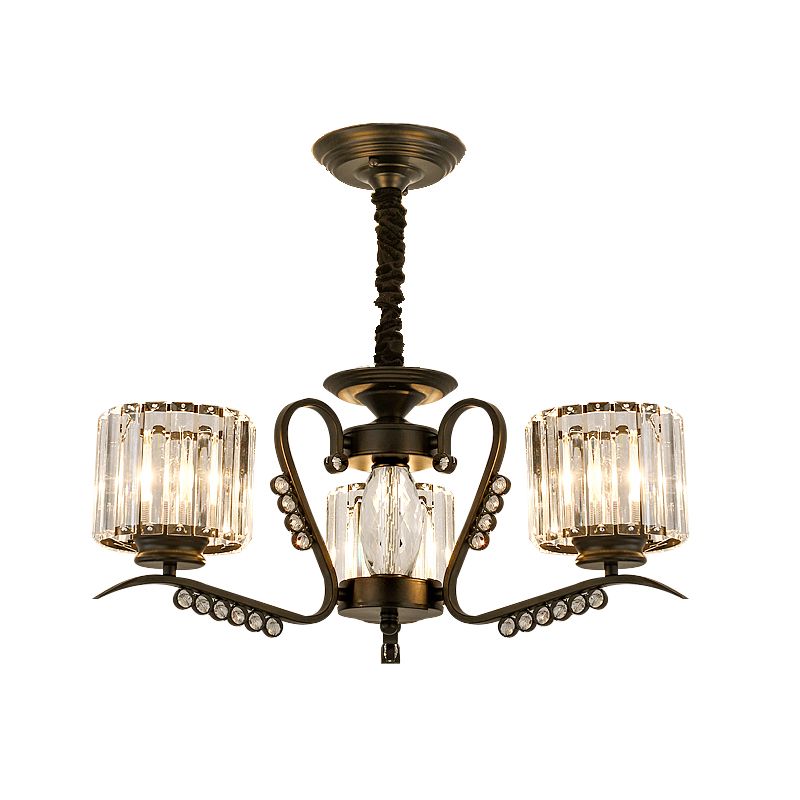 3/5 Heads Ceiling Chandelier Modernism Living Room Suspension Light with Cylinder Crystal Shade in Black