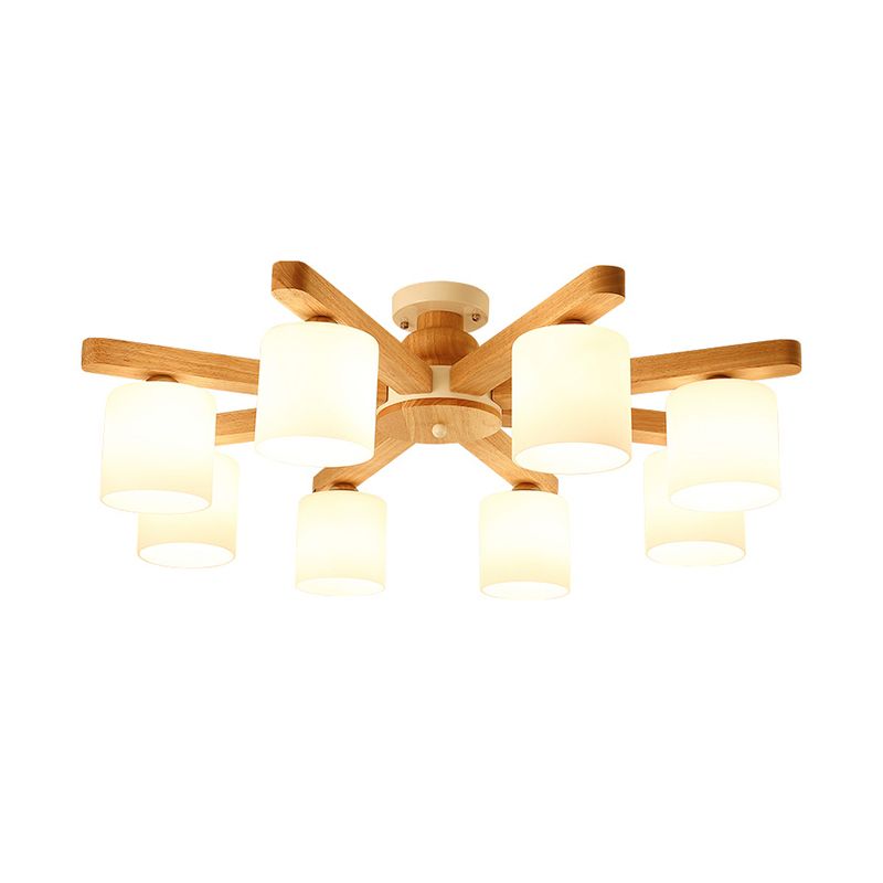 Cylinder Semi Flush Japanese Cream Glass Living Room Ceiling Mount Chandelier in Wood