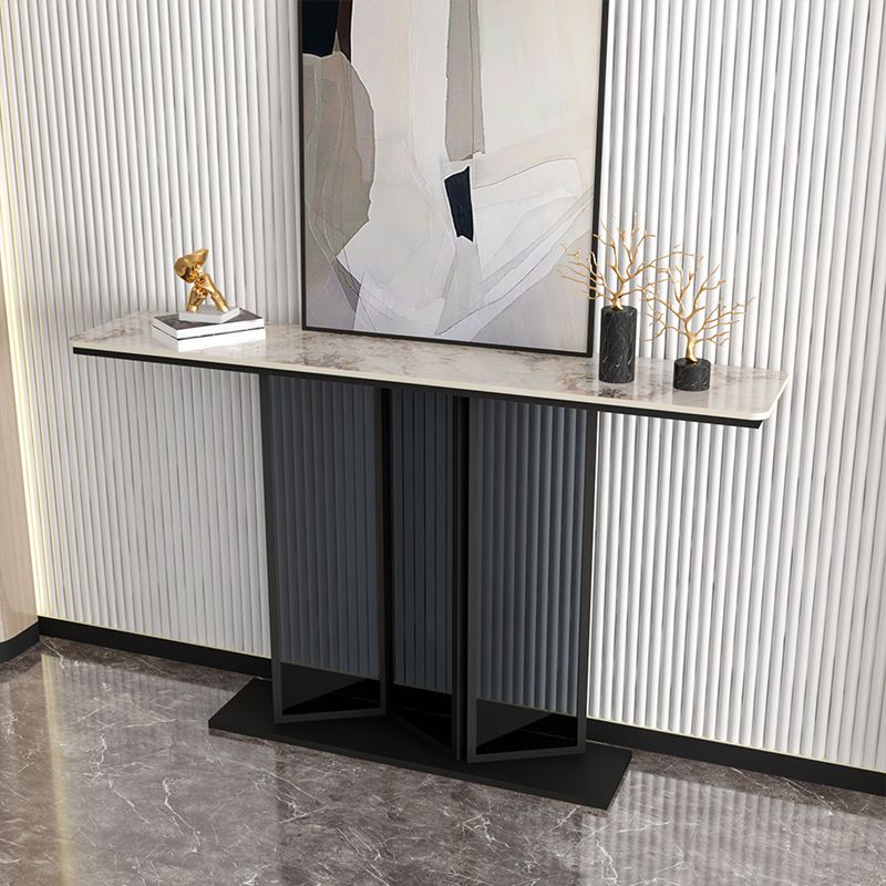 Modern Stone Console Sofa Table Rectangle End Table with Shelf for Hall
