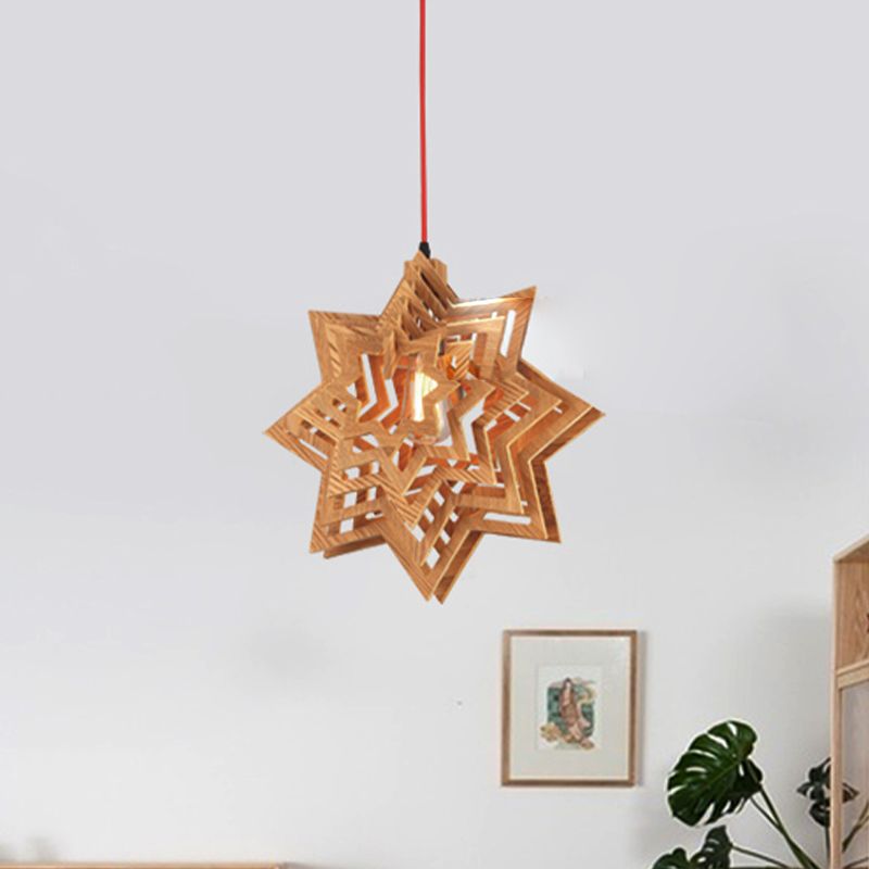 Wood Star Ceiling Lighting Japanese 1 Head Beige Hanging Pendant Light for Dining Room