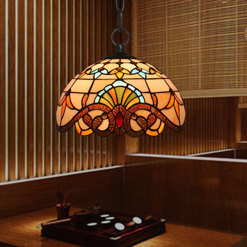 Baroque Domed Pendant Light Stained Glass Hanging Ceiling Light in Brown for Restaurant