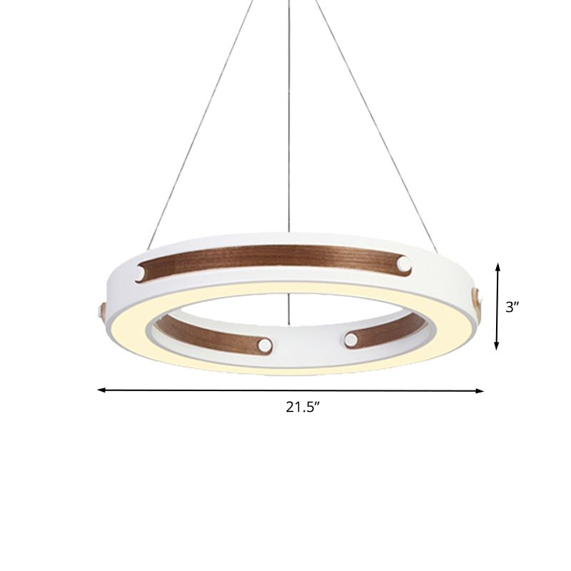Iron Round Hanging Lighting Modernist LED White Pendant Ceiling Lamp with Wood Detail in Warm/White Light, 21.5"/27.5" Dia