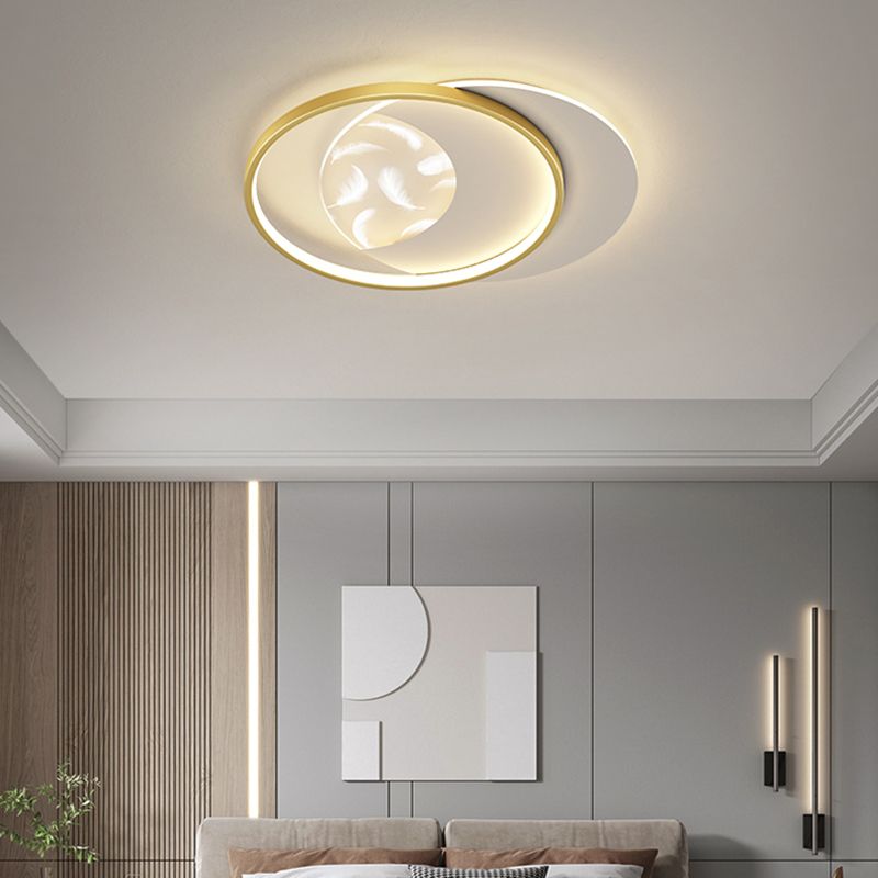 Modern Creative Circular LED Ceiling Light Wrought Iron Feather Flush Mount with Acrylic Shade