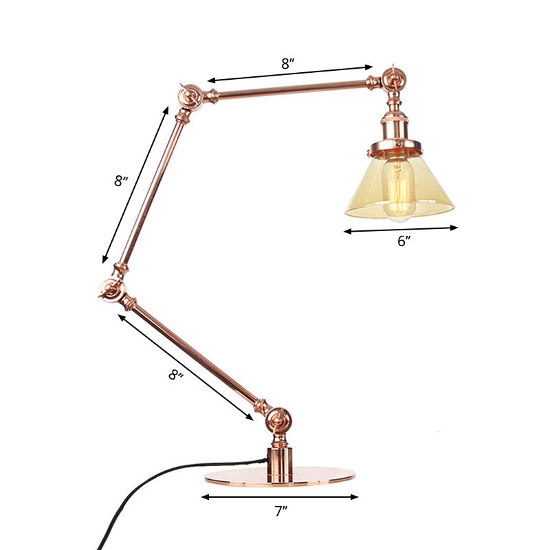 Table conique de style industriel clair Ambre / verre transparent et métal 1 lampe de table de chambre à coucher légère avec bras réglable en noir / laiton
