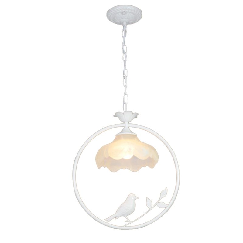 Classic Round Pendant Lighting 1 Light Metal Hanging Light Fixture in Black/White/Pink with Scalloped Shade