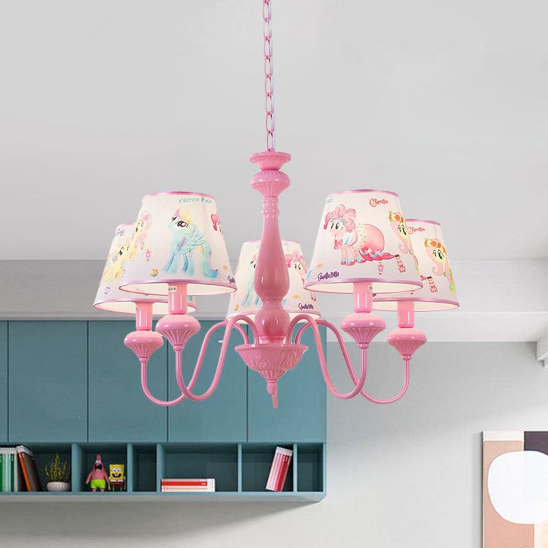 Kids 5/6-Light Hanging Chandelier Pink Barrel Suspension Pendant Light with Fabric Shade for Nursery