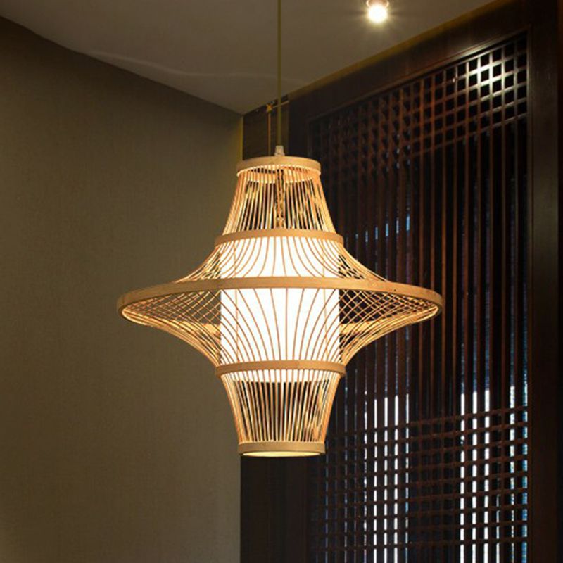 Symmetric Cage Bamboo Pendant Lamp Modern 1-Light Wood Pendulum Light for Restaurant