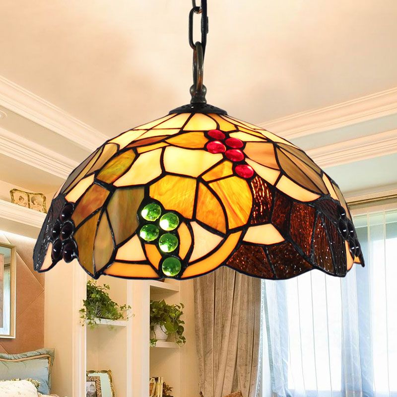 Tiffany 1-Light Pendant Lighting Grapes and Leaf Stained Glass Hanging Ceiling Light