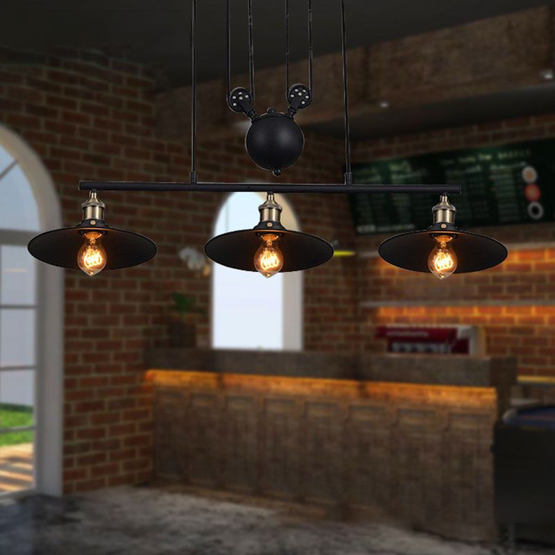 3 Lights Pulley Pendant Industrial Metal Black Hanging Island Light with Flared Shade
