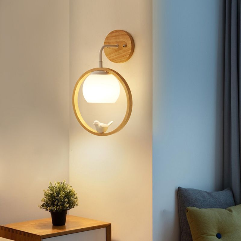 White Globe Shaded Wall Light Contemporary Wood Lighting for Foyer
