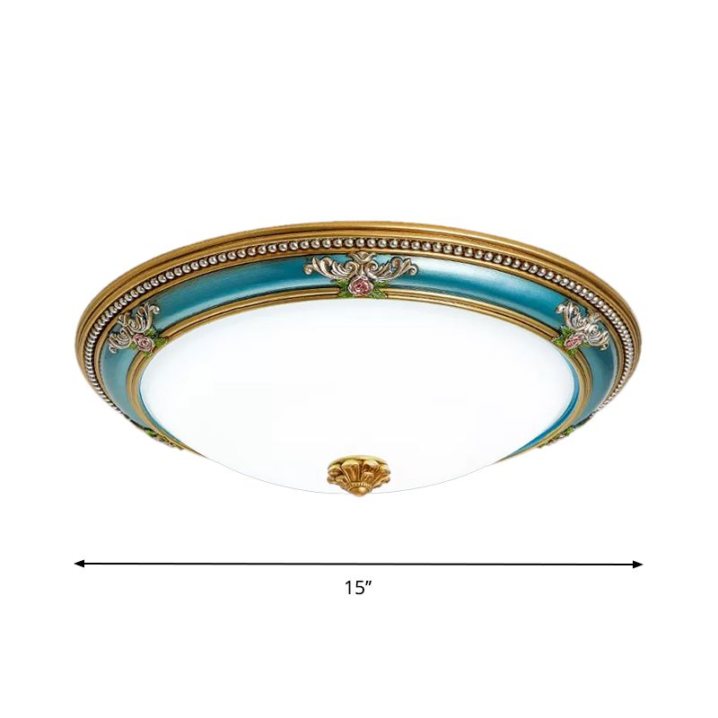 LED Flush Ceiling Lighting with Dome Shade White Glass Farmhouse Bedroom Flush Mount in Blue, 15"/18"/20.5" Width