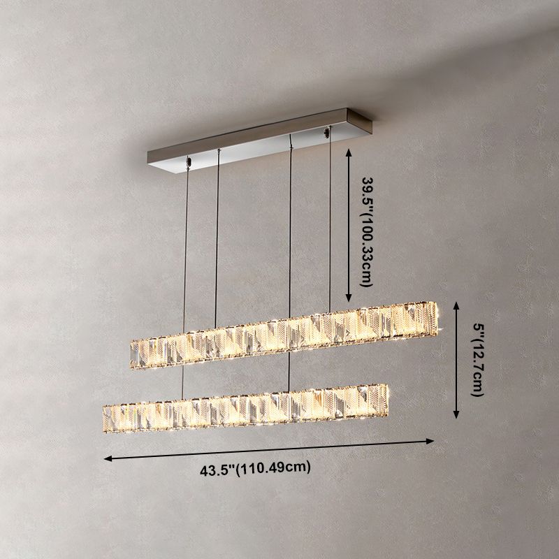 2 Light Linear Island Lights Modernism Crystal Island Light Fixtures in Silver Finish