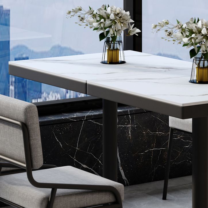 Metal Industrial Square Dining Table Sintered Stone Top Table with Black Pedestal