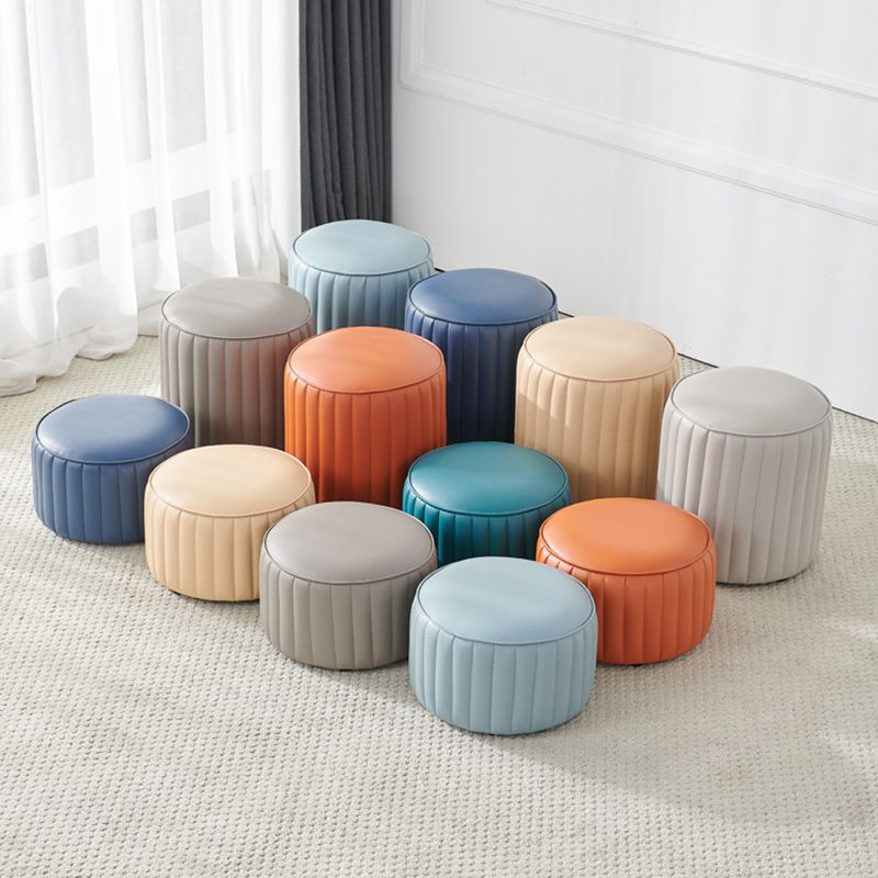 Contemporary Water Resistant Pouf Round Orange Leather Ottoman