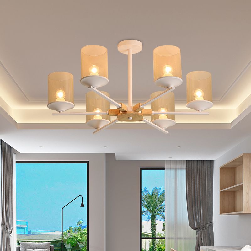 Chandelier de plafond en fer radial moderne 6 têtes blanc / vert et pendante suspendue en bois avec une teinte en verre beige du cylindre